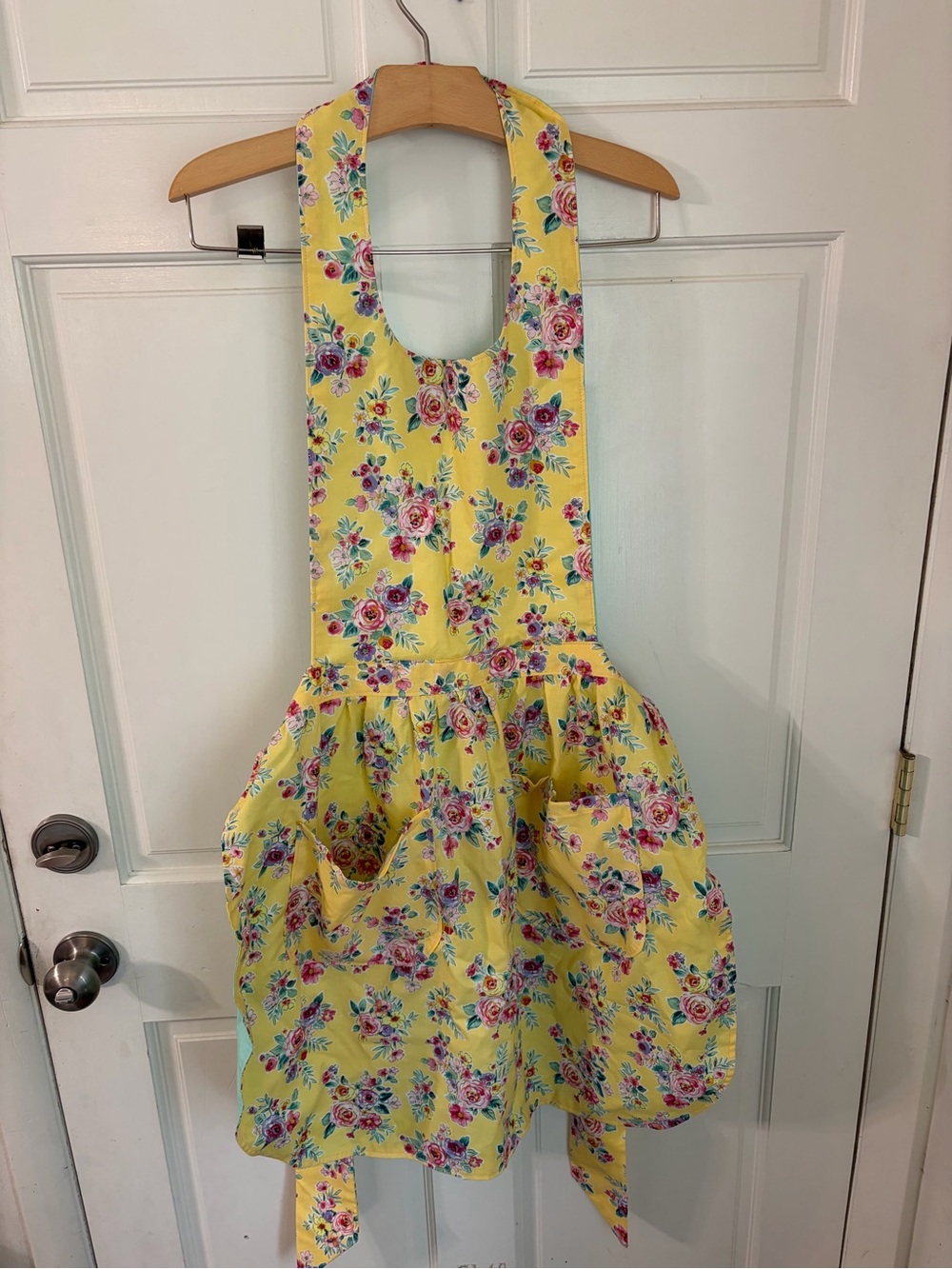 Reversible Yellow Floral and Aqua Mint Apron with Pockets on Both Sides